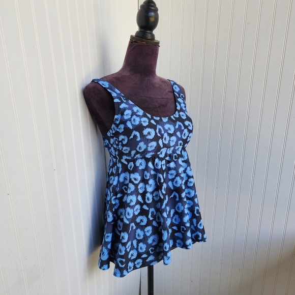 NWOT NOON SWIM Womens 1pc Swimsuit Top Tankini Peplum Blue Print Strap Sz 10 - Picture 2 of 14